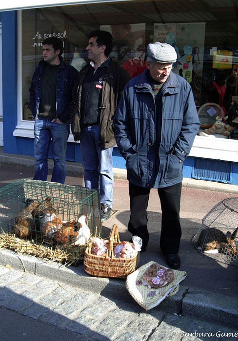 Street vendor with rabbits for sale, St Hilaire