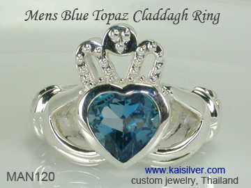 Men's Blue Topaz Claddagh Ring, The Legendary Jewel In Gold Or 925 Silver