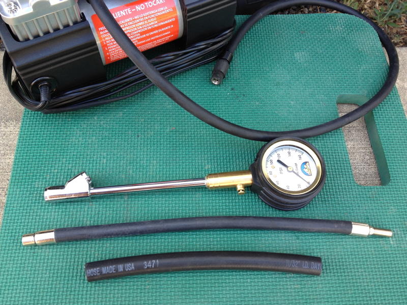 The kit: compressor, double foot straight gauge, valve extender, 11/32nds hose