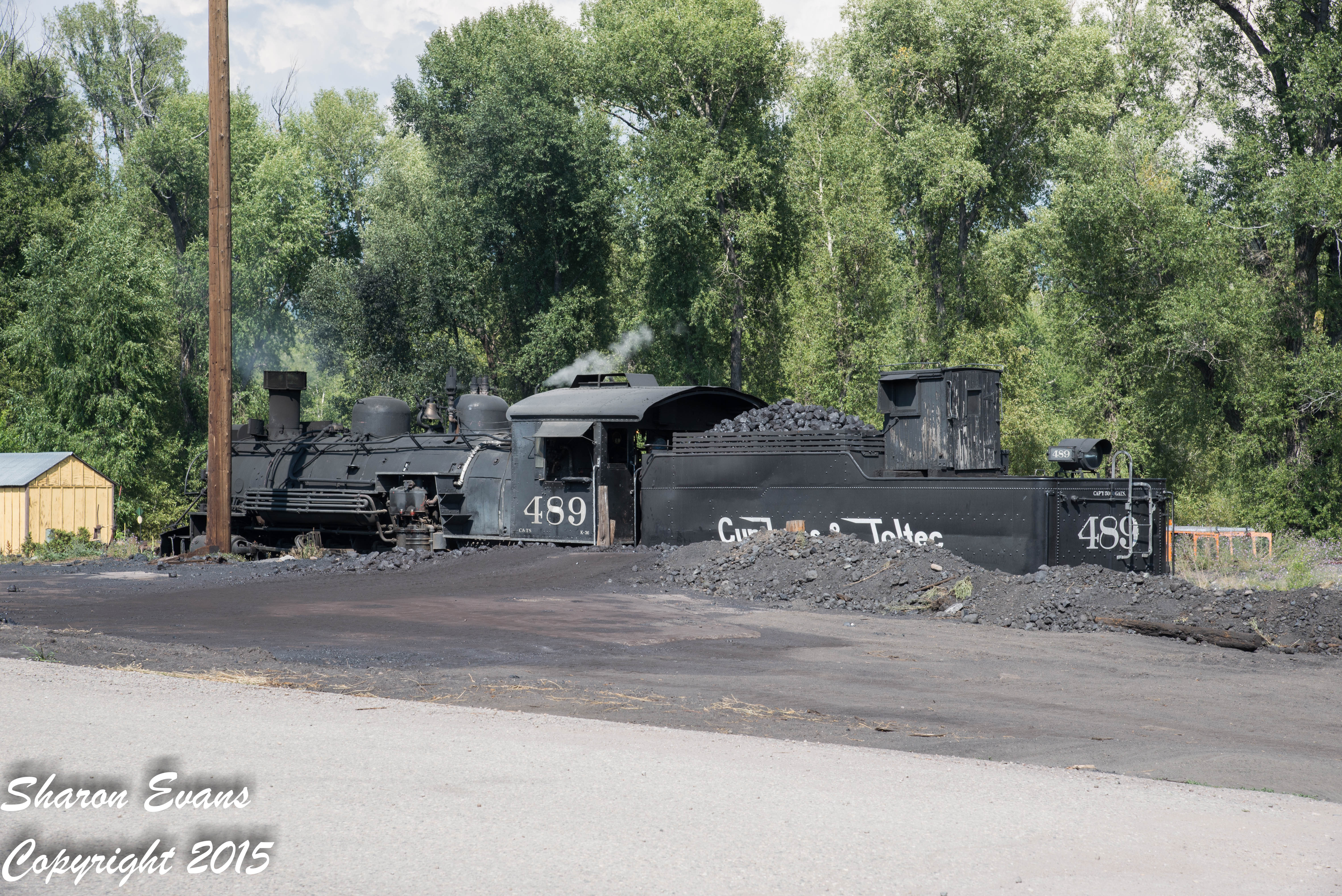 K36 489 waits at the coal dock in Chama, NM for train 215 to arrive