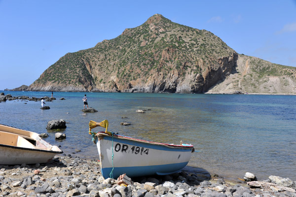 The west side of Madagh II is a rocky beach where fishermen pull up their boats