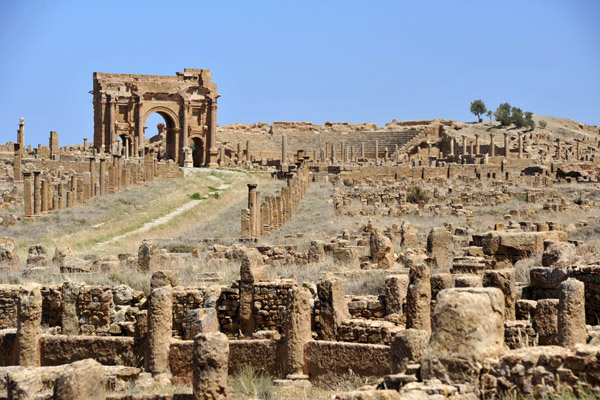 Looking back towards the Arch of Trajan and the Roman Amphitheatre of Timgad