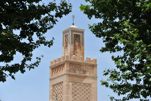 Minaret of the Grand Mosque of Tlemcen framed by trees