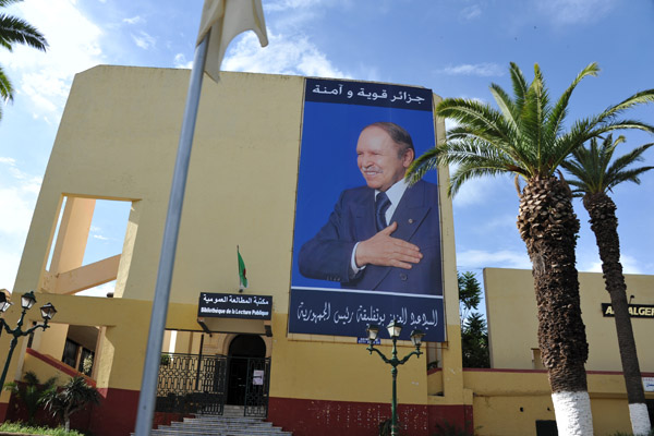 The President of Algeria prominently displayed at the Public Library, Tlemcen