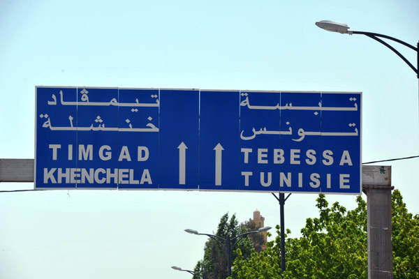 Road sign in Batna for Timgad and Tunisia