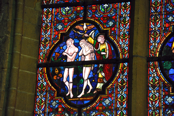 Stained glass window - Adam and Eve expelled from the Garden of Eden, Notre Dame de Dinant