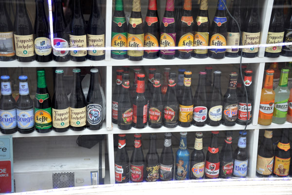 Selection of Belgian beers in a shop window, Brussels