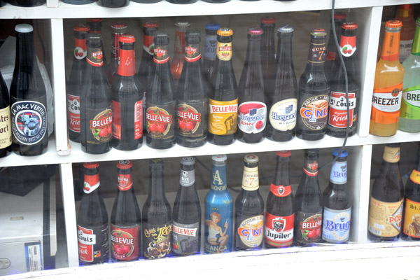 Selection of Belgian beers in a shop window, Brussels