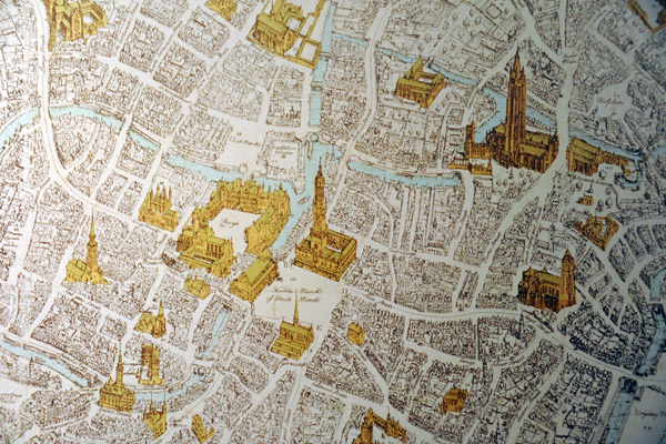 Landmarks of Bruges on an old map preserved in the City Hall