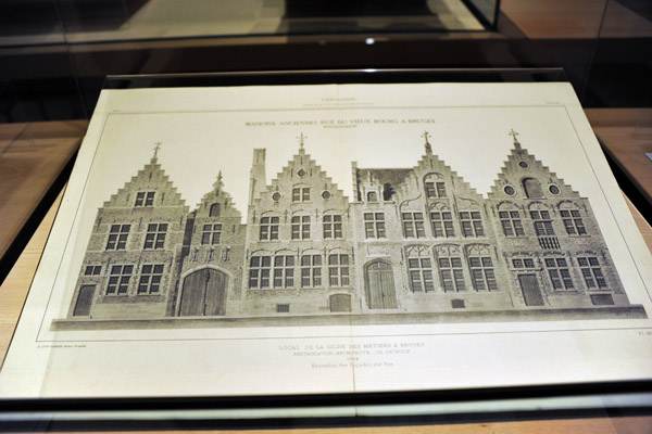 Lithograph of old houses on Oude Burgstraat, Brugge
