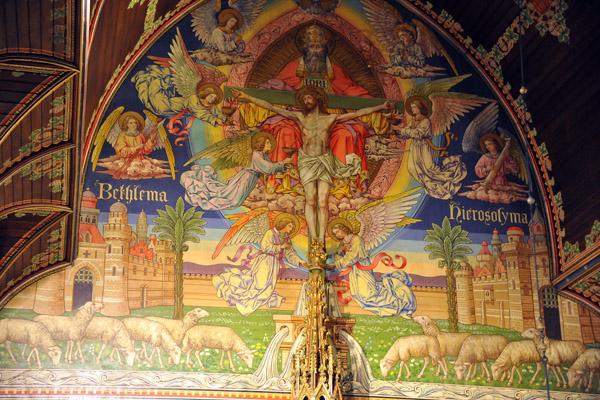 Mural above the altar depicting Bethlehem and Jerusalem, Basilica of the Holy Blood