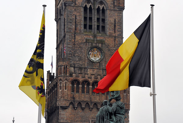 Flags of Belgium and the Flanders Region with the Belfry Tower, Bruges Market Square