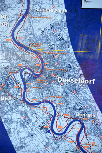 Map of the Rheinradweg (Erlebnisweg Rheinschiene) through Dsseldorf