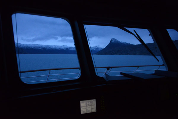 Kangerlussuaq Fjord from the bridge of the Sea Spirit as night falls