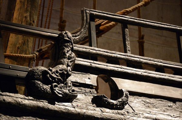 Carvings next to the opening for the anchor cable, port side of the Vasa