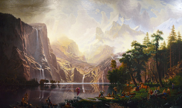 The background of Trappers of Men is an Albert Bierstadt landscape