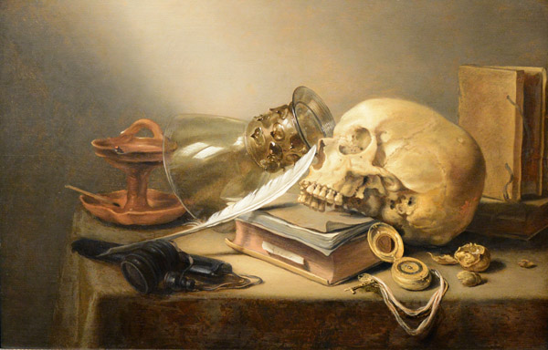 A Vanitas Still Life with Skull, Books, Rmer, Oil Lamp and Pen, Pieter Claesz, 1645