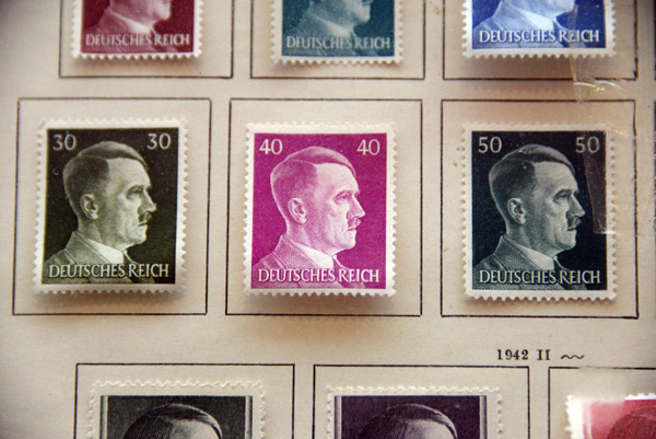 Third Reich postage stamps with Adolf Hitler on sale at a Stockholm philately shop