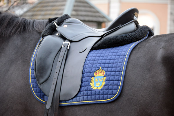 Horse saddle with blanket embroidered with the Three Crowns of Sweden
