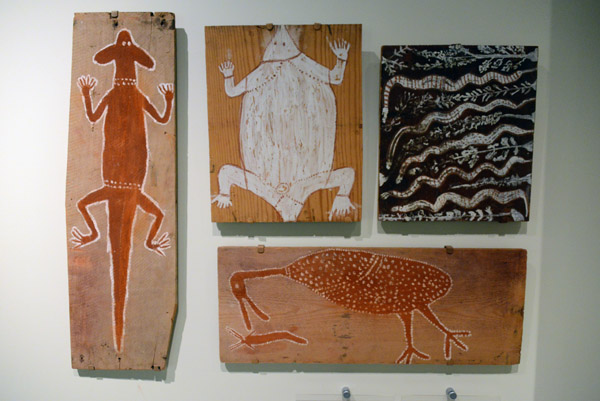 Bark paintings of frill-necked lizard, echidna, snakes and Brolga Dreaming, 1908