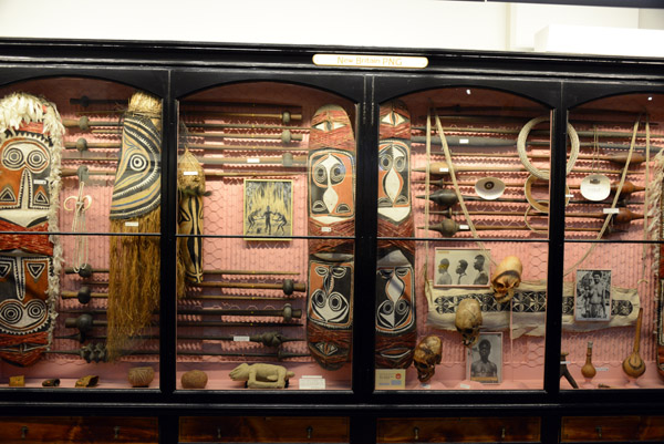 Display case with artefacts from New Britain, Papua New Guinea