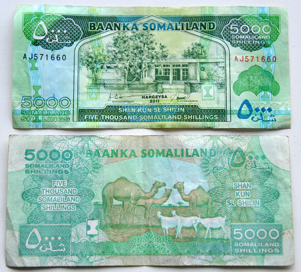 The largest Somaliland banknote, 5000 Shillings, less than $1