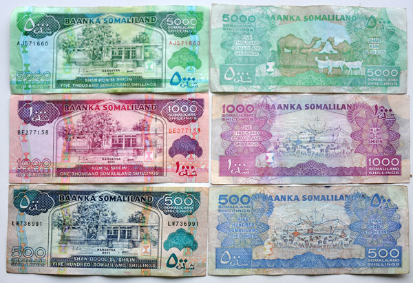 The current Somaliland Shilling banknotes in circulation 2013