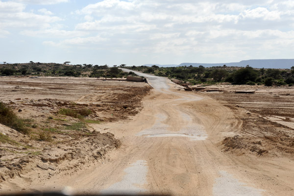 Somaliland Highway 1 crossing a broad wadi which looks like it washes over the road with every big rain