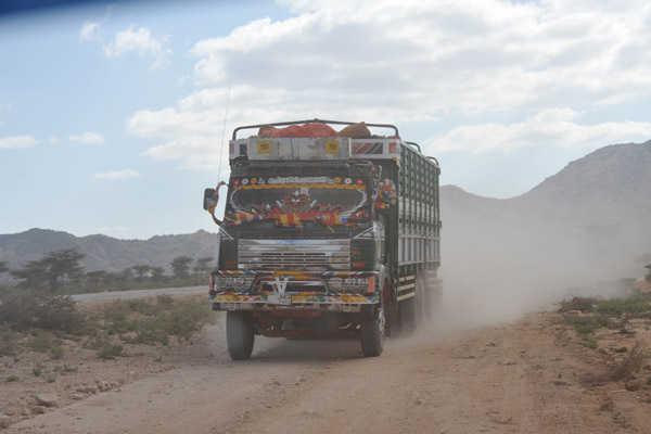 Decorated truck coming down Highway 1 from Hargeisa