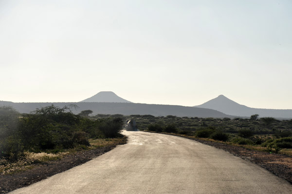 The twin peaks of Naasa Hablood come into sight as National Highway 1 nears Hargeisa