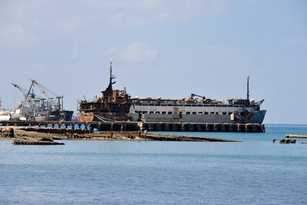 The newest wreck in the Port of Berbera is still tied up to the pier