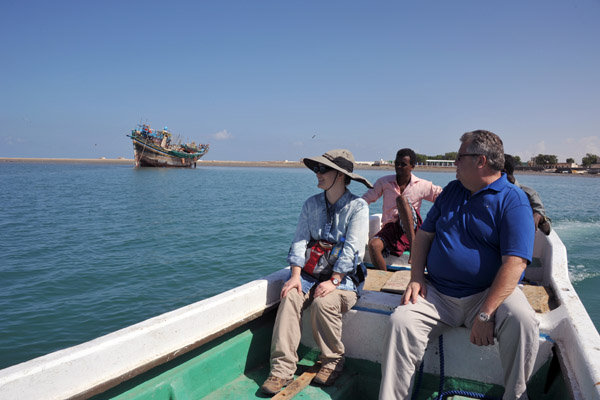 Karen and Will on a non-traditional scenic harbour cruise around the Port of Berbera