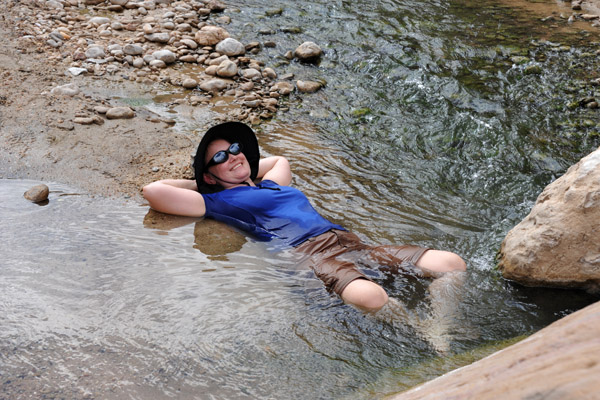 Karen relaxing in the warm water