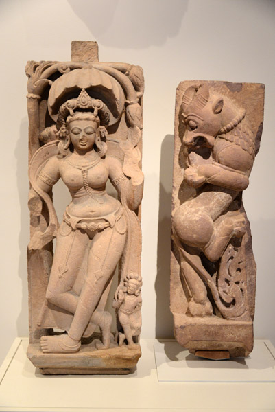 Indian sandstone carvings of a Celestial Beauty (Apsara) and a Rampant Mythical Lion (Vyala), Rajastan or Madhya Pradesh, 8-9 C.