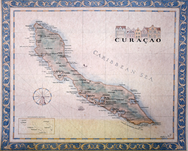 Map of Curaao showing the large natural harbour of Willemstad, the Schottegat