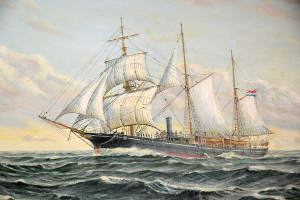 Painting of an early hybrid steamship