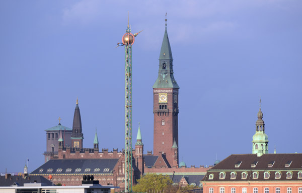 Tower of Copenhagen City Hall with Tivoli 