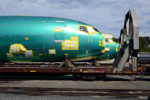 Boeing 737 fuselages on rail cars, Seattle