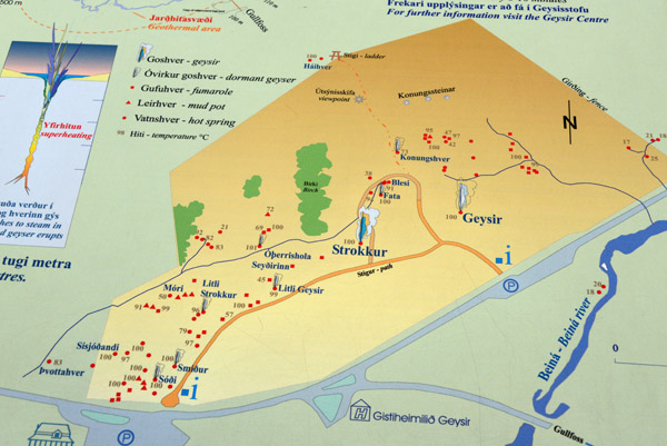 Map of the geyser field centered on Strokkur and Geysir