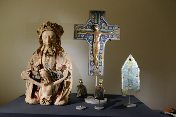 English alabaster image of God the Father and an enameled cross from Limoges, France