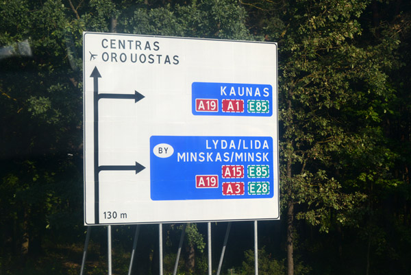 Motorway roadsign to Kaunas and Minsk