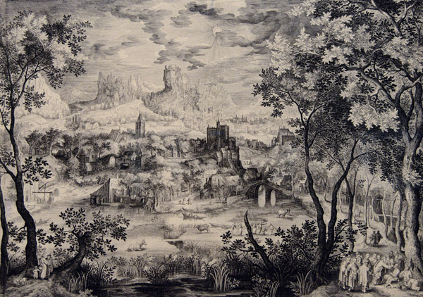 Landscape with the Healing of the Blind, Jan van Londerseel after David Vinckboons, ca 1601