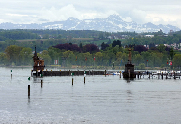 The Swiss Alps on the far side of Konstanz Harbor