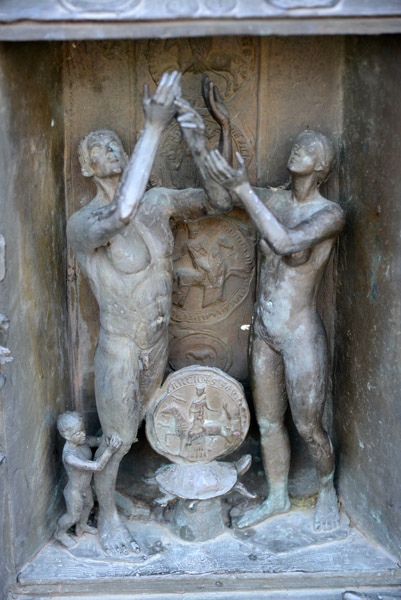 Detail of the base of the Sophie statue, Obermarktplatz, Marburg