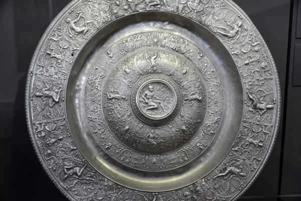 Ornate silver platter centered on the Roman God of War, Mars