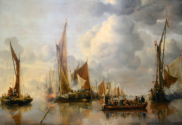 The Home Fleet Saluting the State Barge, Jan van de Cappelle, 1650