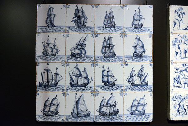 Sixteen tiles with ships, ca 1650-1680