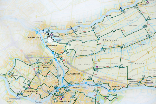 Cycle route map of Alblasserwaard, the region around Kinderdijk