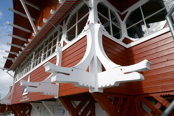 Detail of the wood carving trim on the  SS Pavilion, Mariehamn