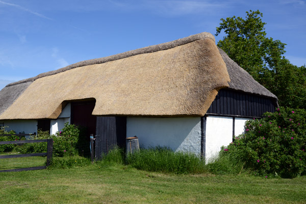Barn on Ls with fresh thatching on one side